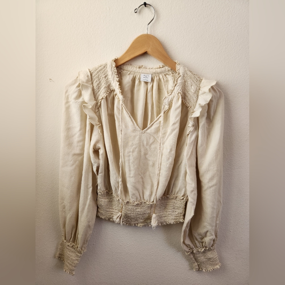 Patrons Of Peace Women's Top Blouse Smocked Ruffle‎ Shoulders Off White Small